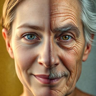 The primary subject of the image is a woman with a split face, showing both her youthful and aged appearances. The setting is a close-up of her face, and the visual style is a photo. The woman's face is the main focus of the image, and the colors are predominantly white and gray, reflecting the aged and youthful aspects of her face.
